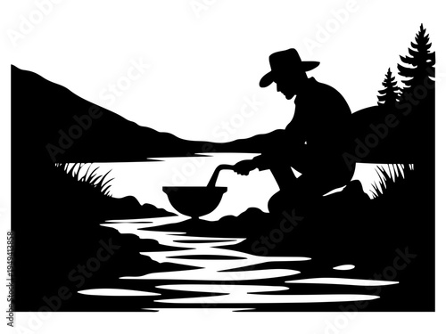 Ein Goldsucher kniet am Flussufer und wäscht Sand in einer Pfanne. Die Szene stellt eine typische Goldrausch-Situation dar.KI Generiert