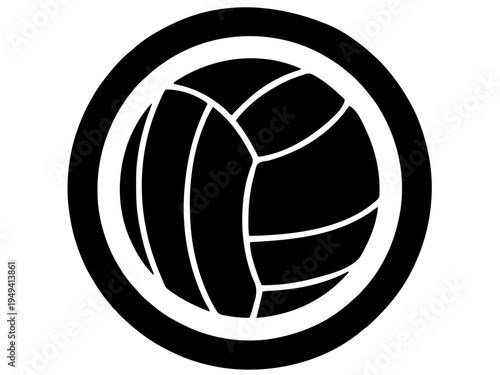 Ein Volleyball mit typischem Panelmuster steht im Mittelpunkt eines runden Rahmens. Das Design wirkt wie ein sportliches Emblem.KI Generiert