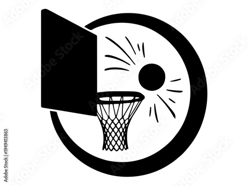 Ein Basketball fällt durch einen Korb mit Netz. Das Motiv zeigt den Moment eines erfolgreichen Wurfs.KI Generiert