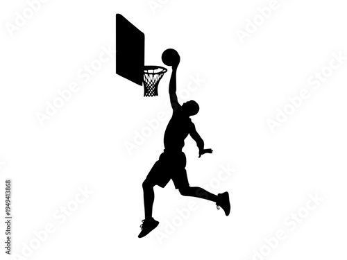 Ein Spieler springt hoch und führt einen spektakulären Dunk aus. Das Design betont Kraft und Athletik.KI Generiert