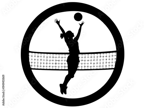 Ein Spieler springt über das Netz und schlägt den Ball nach unten. Die Szene zeigt einen typischen Angriff im Volleyballspiel.KI Generiert