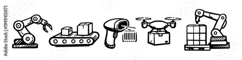Robot Arm, Conveyor Belt and Barcode Scanner Monochrome Icon Set