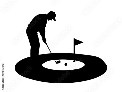 Ein Putter schlägt einen Golfball in Richtung eines Lochs mit kleiner Flagge. Das Motiv stellt eine typische Minigolf-Szene dar.KI Generiert