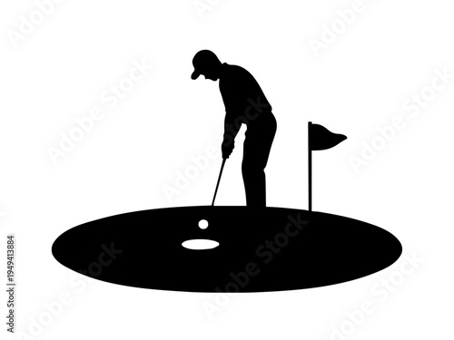 Ein Putter schlägt einen Golfball in Richtung eines Lochs mit kleiner Flagge. Das Motiv stellt eine typische Minigolf-Szene dar.KI Generiert