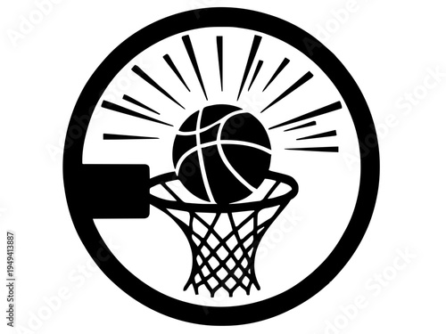 Ein Basketball fällt durch einen Korb mit Netz. Das Motiv zeigt den Moment eines erfolgreichen Wurfs.KI Generiert