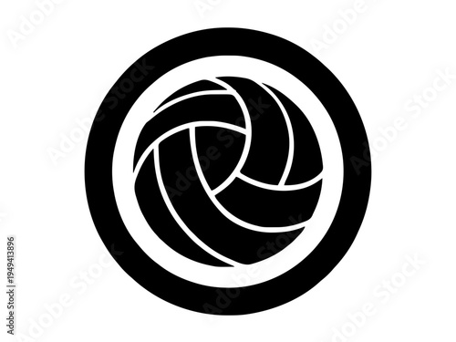 Ein Volleyball mit typischem Panelmuster steht im Mittelpunkt eines runden Rahmens. Das Design wirkt wie ein sportliches Emblem.KI Generiert