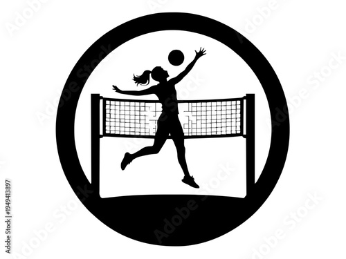 Ein Spieler springt über das Netz und schlägt den Ball nach unten. Die Szene zeigt einen typischen Angriff im Volleyballspiel.KI Generiert