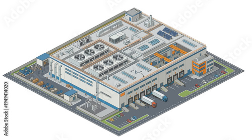 Isometric warehouse complex with loading docks, delivery trucks, and solar panels on the roof, illustrating logistics and distribution