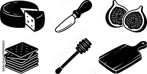 Black and white vector icons of cheese with slice knife honey dipper wooden cutting board and stacked crackers alongside halved fig fruit