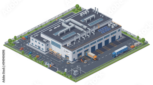 An isometric view of a modern industrial facility with loading docks, solar panels, and delivery trucks, representing logistics and manufacturing operations