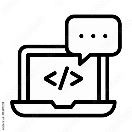 Vector icon showing a laptop with a speech bubble and coding symbols