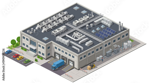 Isometric view of a modern industrial warehouse facility with solar panels and loading docks, representing logistics and manufacturing