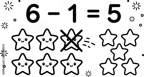 Cute kawaii style subtraction math equation six minus one equals five with smiling stars and decorative elements