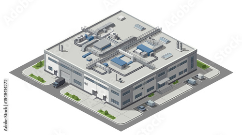 Isometric view of a modern industrial manufacturing plant with loading docks and vehicles