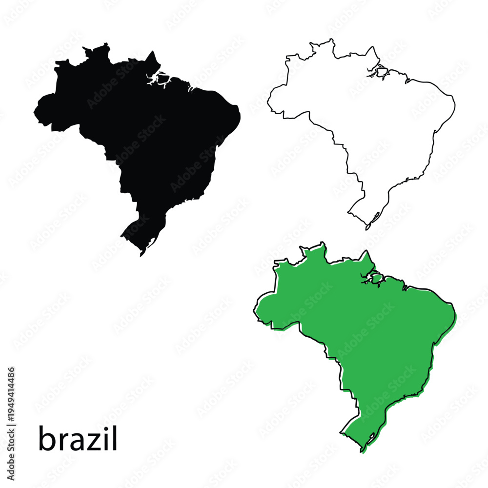 Fototapeta premium Brazil map silhouette collection with black outline and green fill for geography designs