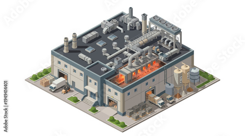 Isometric illustration of a modern industrial factory building with multiple smoke stacks and loading docks, depicting a manufacturing facility