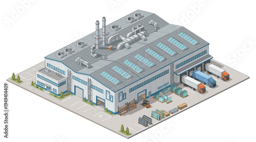 Isometric illustration of a modern industrial warehouse with loading docks and delivery trucks ready for shipment