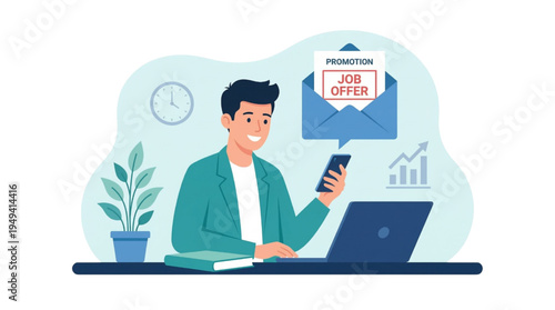 Delighted Man Receives Promotion and Job Offer Notification on His Phone