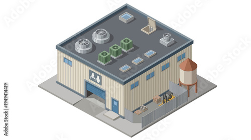 Isometric view of a commercial warehouse building with loading dock and rooftop ventilation units, suitable for logistics or industrial themes