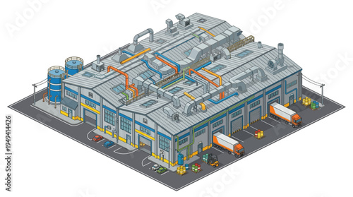 Isometric view of a large industrial factory building with loading docks and trucks, representing manufacturing and logistics