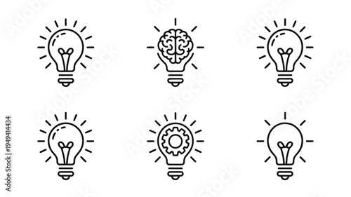 Light Bulb Idea Outline Icon Set with Creativity, Innovation and Inspiration Symbols