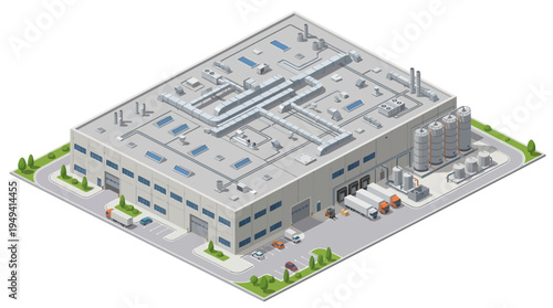 Isometric view of a modern industrial warehouse with loading docks and trucks, showcasing logistics and distribution operations