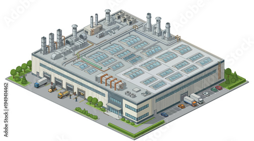Industrial factory building with loading docks and vehicles, isometric view
