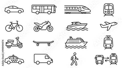 Collection of transportation icons for travel and commuting