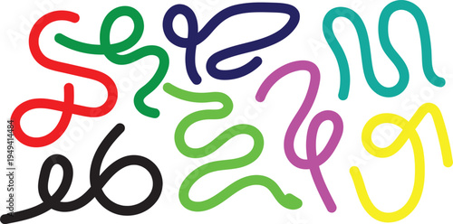Collection of colorful squiggly lines and shapes in various vibrant hues and patterns on a white background for art and design