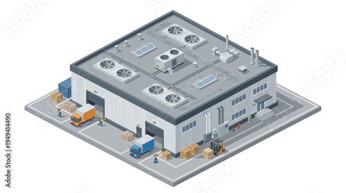 Isometric view of a modern industrial warehouse building with loading docks and delivery trucks