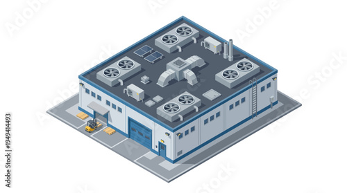 Isometric view of a modern industrial building with rooftop HVAC units and solar panels, representing manufacturing or logistics
