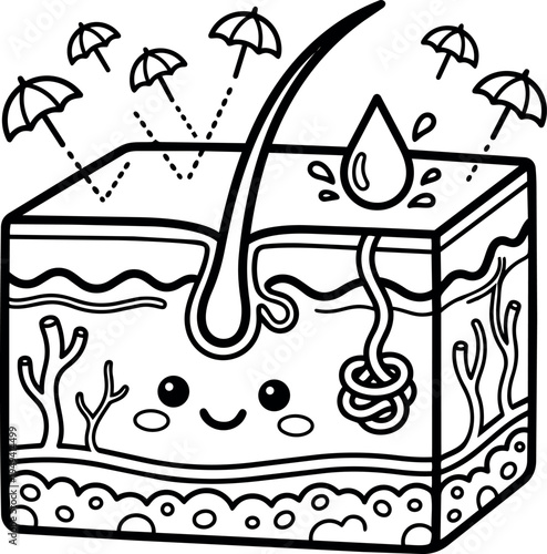 Cute cartoon style cross section of skin with hair follicle and water droplet repelling umbrellas black line art