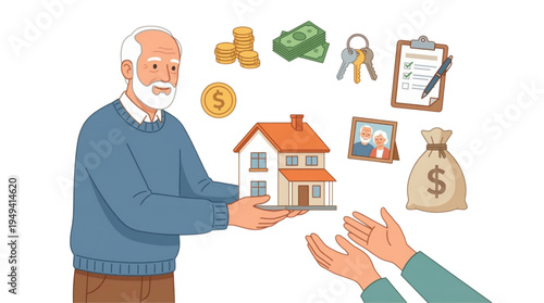 Elderly man transferring house and financial assets, symbolizing inheritance and meticulous estate planning for family legacy