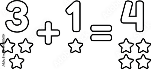 Black and white outline math equation three plus one equals four with star shapes educational vector art