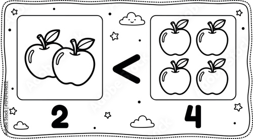 Black and white cartoon style comparison of two apples and four apples in counting math less than concept illustration