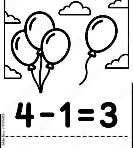 Black and white line art subtraction math problem with four balloons minus one balloon equals three concept illustration for education