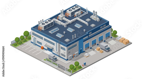 Isometric illustration of a modern industrial warehouse with loading docks, trucks, and a surrounding paved area with trees