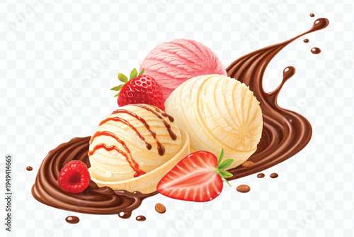 realistic swirling creamy vanilla and strawberry ice cream scoops with chocolate splash in different style isolated on transparent background
