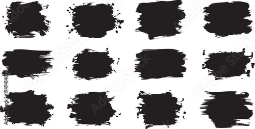 A collection of 12 black ink brush strokes on a white background for design and artistic use