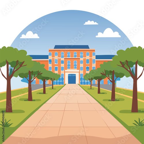 Illustrated campus building with trees and pathway under a blue sky