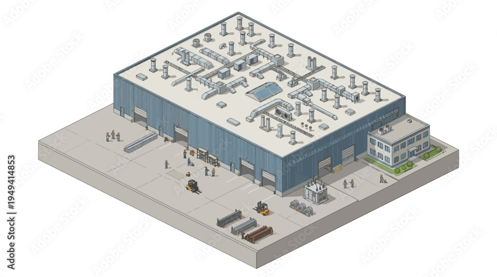 Obraz premium Isometric industrial building with logistics and infrastructure, complex network of ventilation and lighting systems
