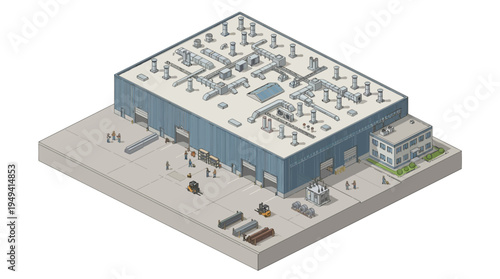 Isometric industrial building with logistics and infrastructure, complex network of ventilation and lighting systems