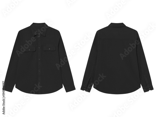 Billede på lærred Black Long Sleeve Button Down Shirt with Chest Pockets Front and Back View