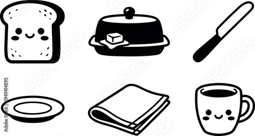 Cute kawaii style smiling toast butter dish knife plate napkin and happy coffee cup black line art