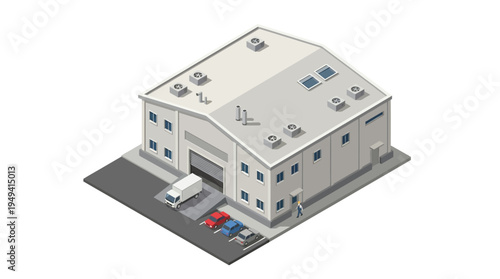 Industrial warehouse building with loading dock, delivery truck, and parked cars in isometric view