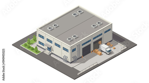 Isometric warehouse building with delivery truck and loading docks, representing logistics and supply chain operations