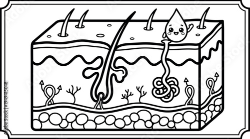 Black and white line art cross section of human skin with hair follicles and smiling sweat drop illustration