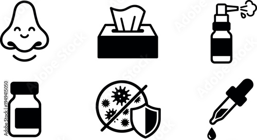 Minimalist black and white vector icons including smiling nose tissue box spray bottle medicine vial antivirus shield and dropper with liquid