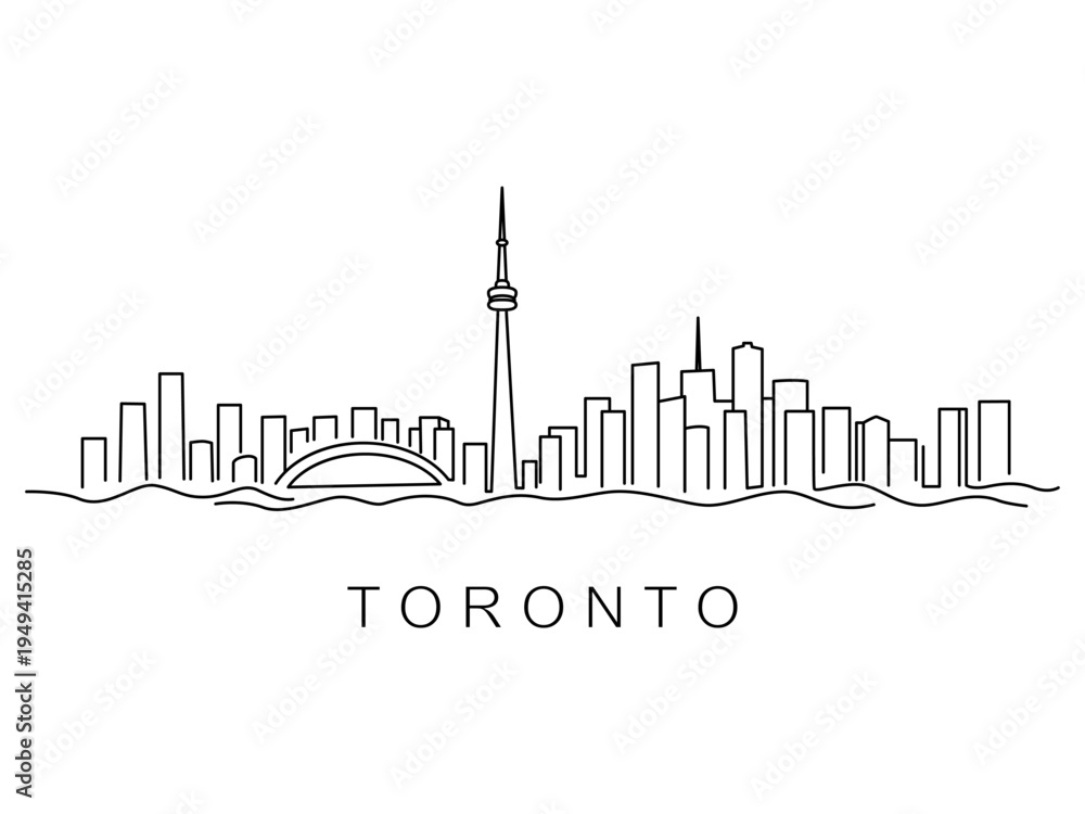 Fototapeta premium Linear panorama of Canada's capital, the city of Toronto. Downtown and cityscape with modern skyscrapers and a park. Flat vector illustration.