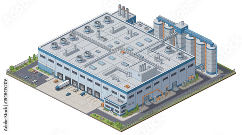 Isometric illustration of a modern industrial factory building with loading docks and silos in a clean, functional design